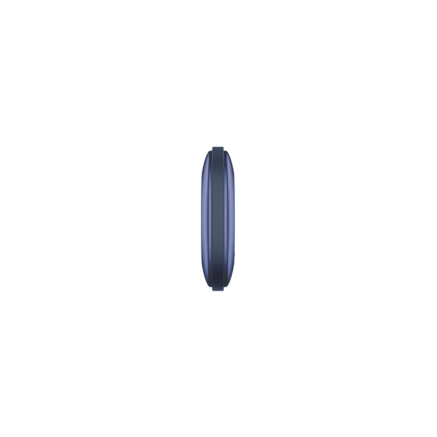 Zijaanzicht van een blauwe telefoon op een witte achtergrond.
