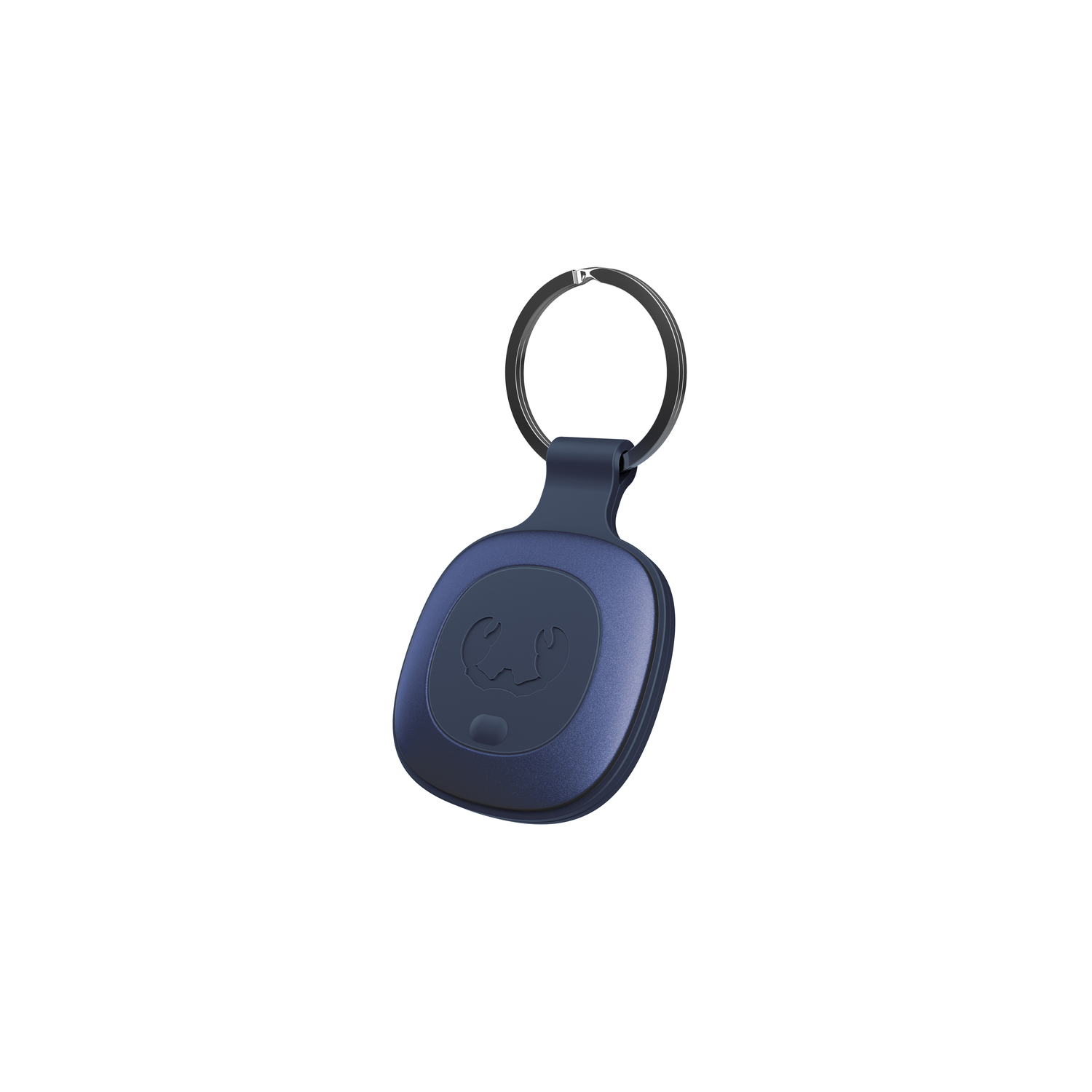 Donkerblauwe sleutelhanger met een ring. De hanger heeft een knop en logo.