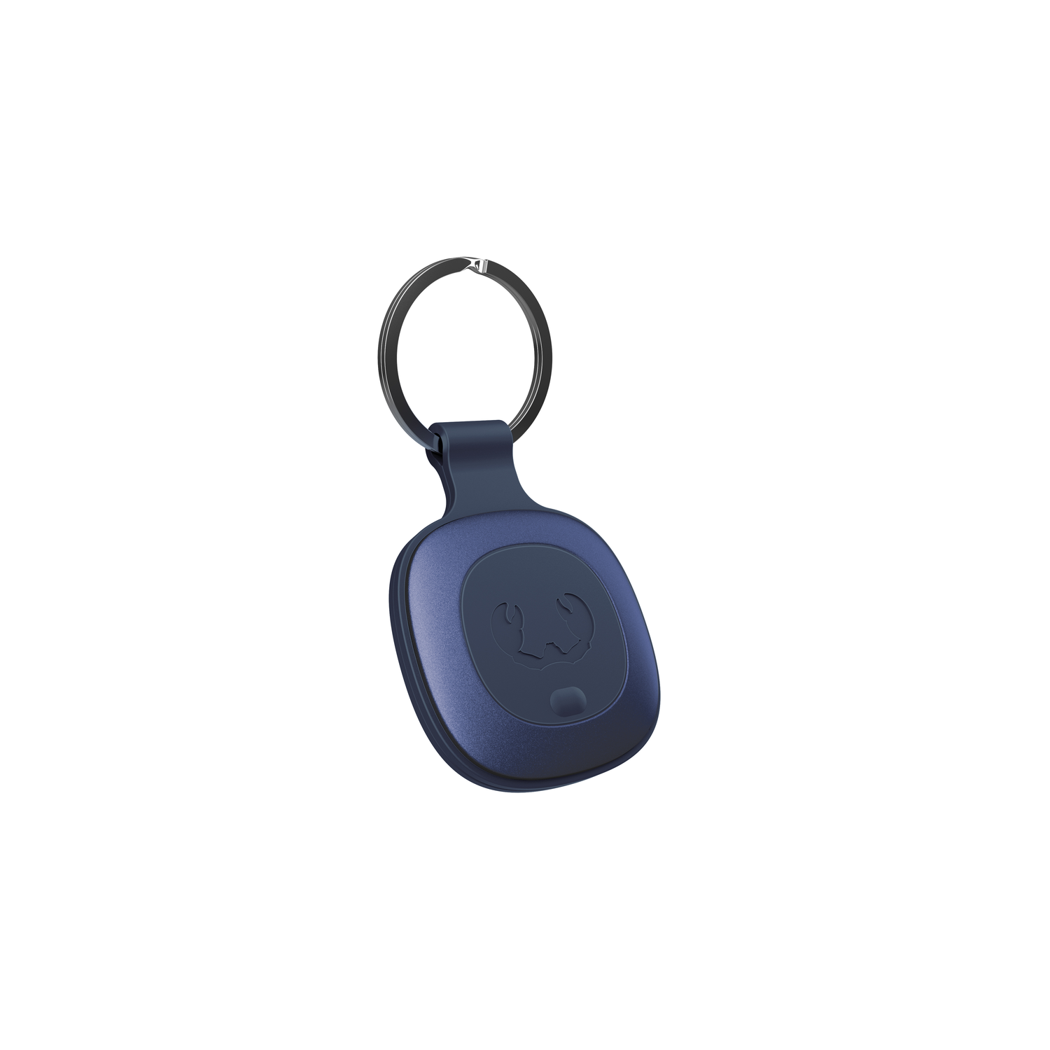 Een donkerblauwe sleutelzoeker met sleutelhanger op een witte achtergrond.