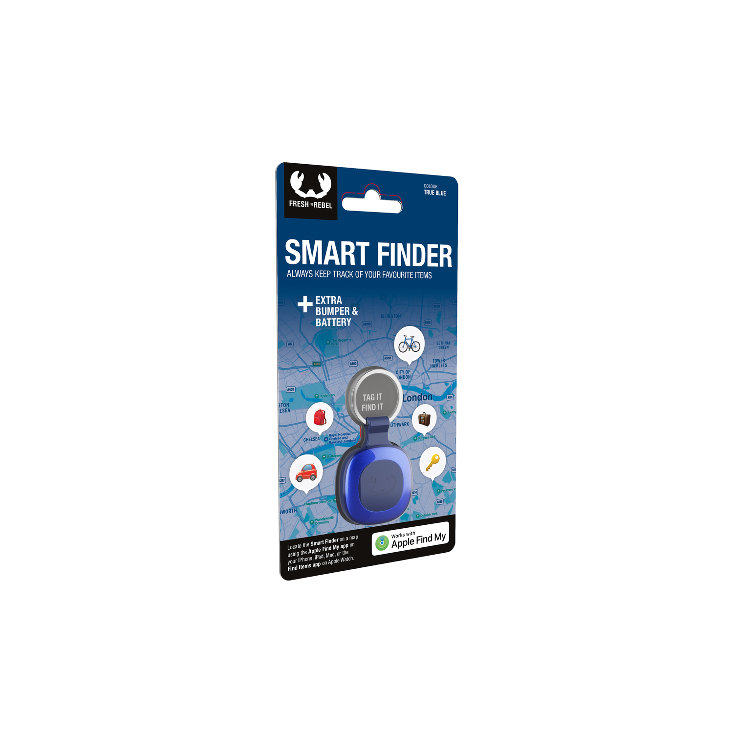 Smart Finder-pakket, blauw label met kaart en pictogrammen, en een batterij.