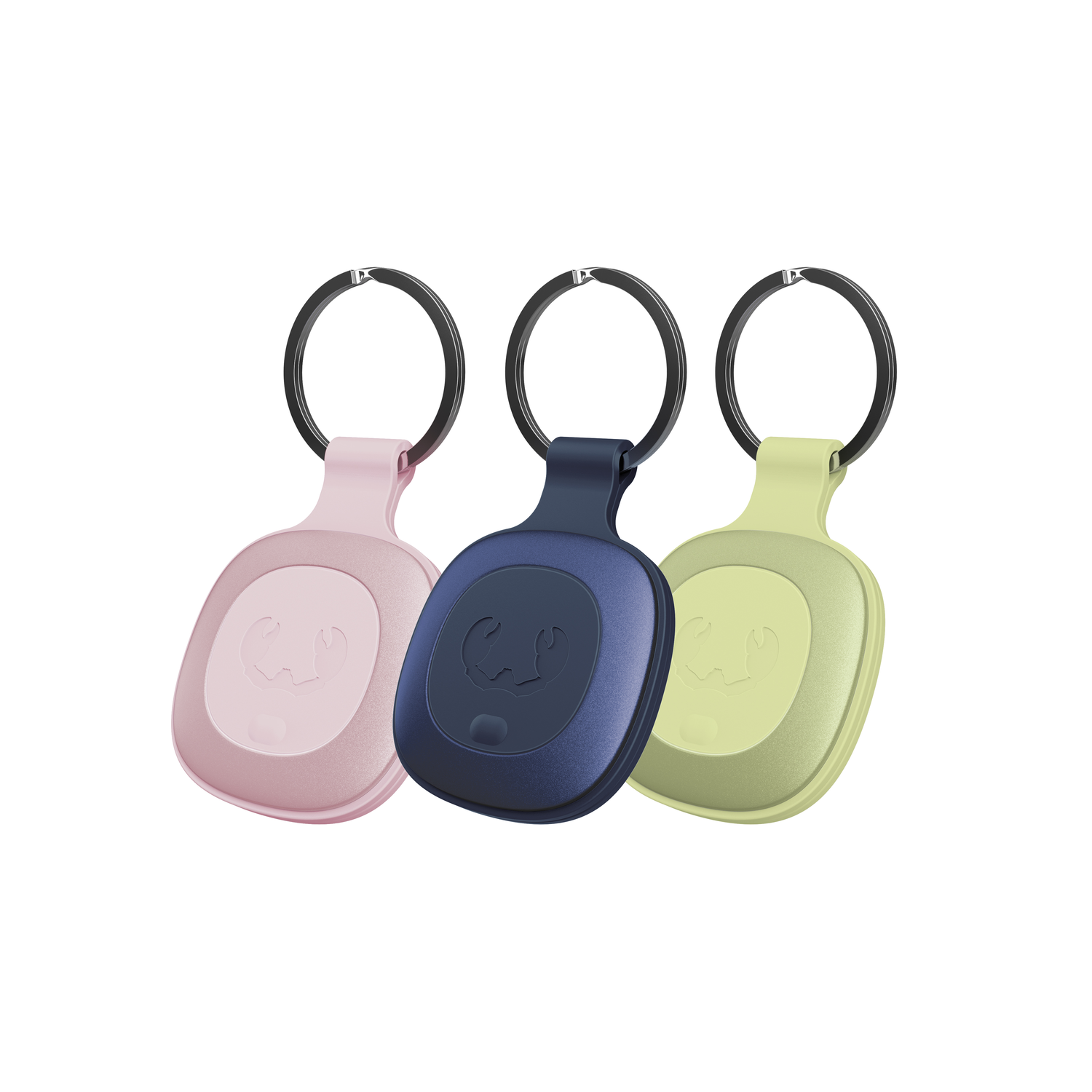 Drie gekleurde sleutelhangers: roze, marineblauw en lichtgroen. Allemaal met een logo.
