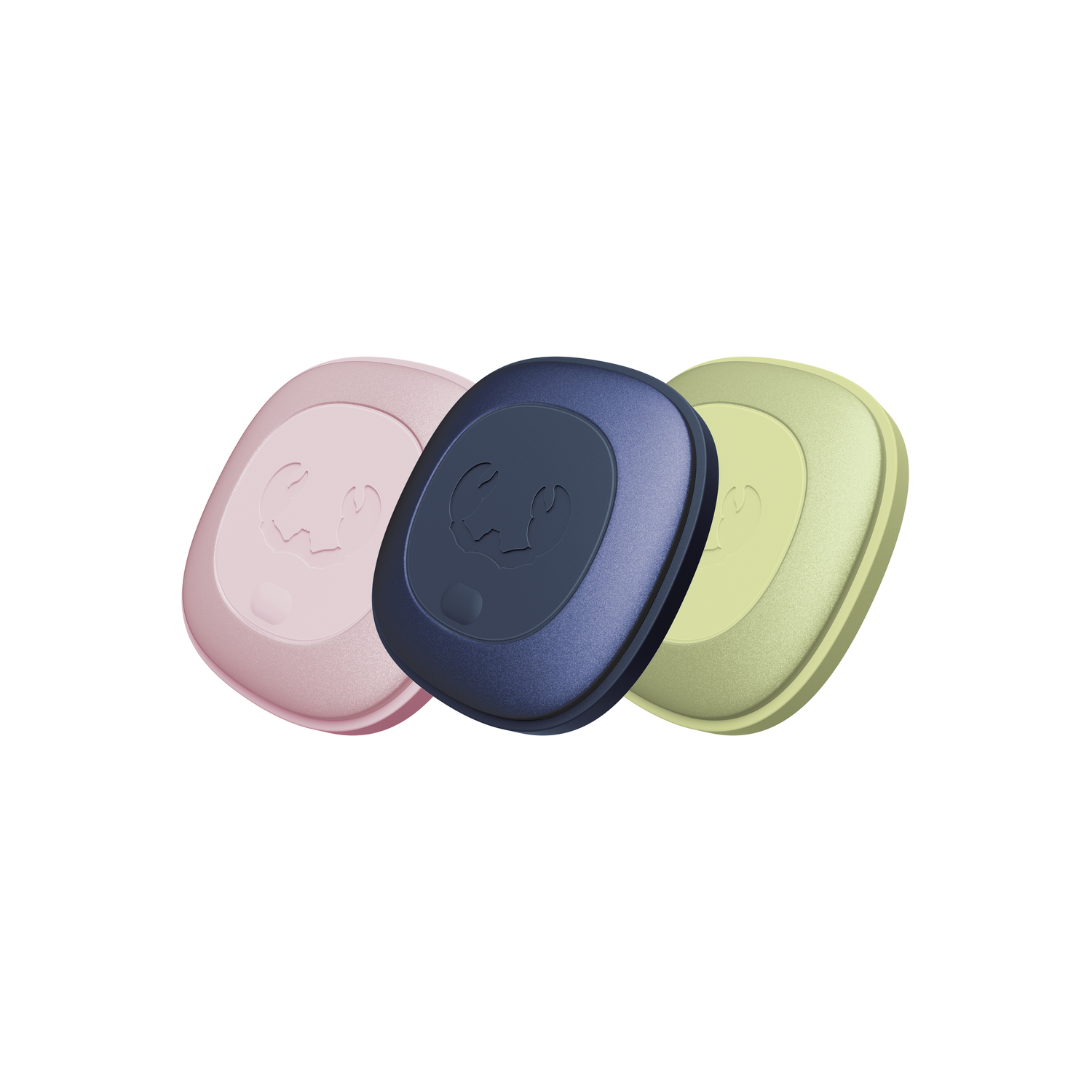 Drie afgeronde vierkante apparaten in roze, blauw en groen tegen een witte achtergrond.