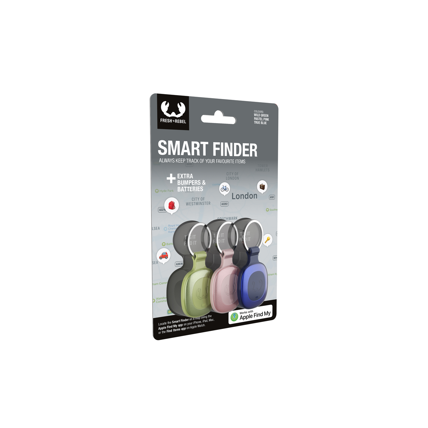 Een productverpakking met een slimme zoeker en accessoires, met een witte achtergrond.