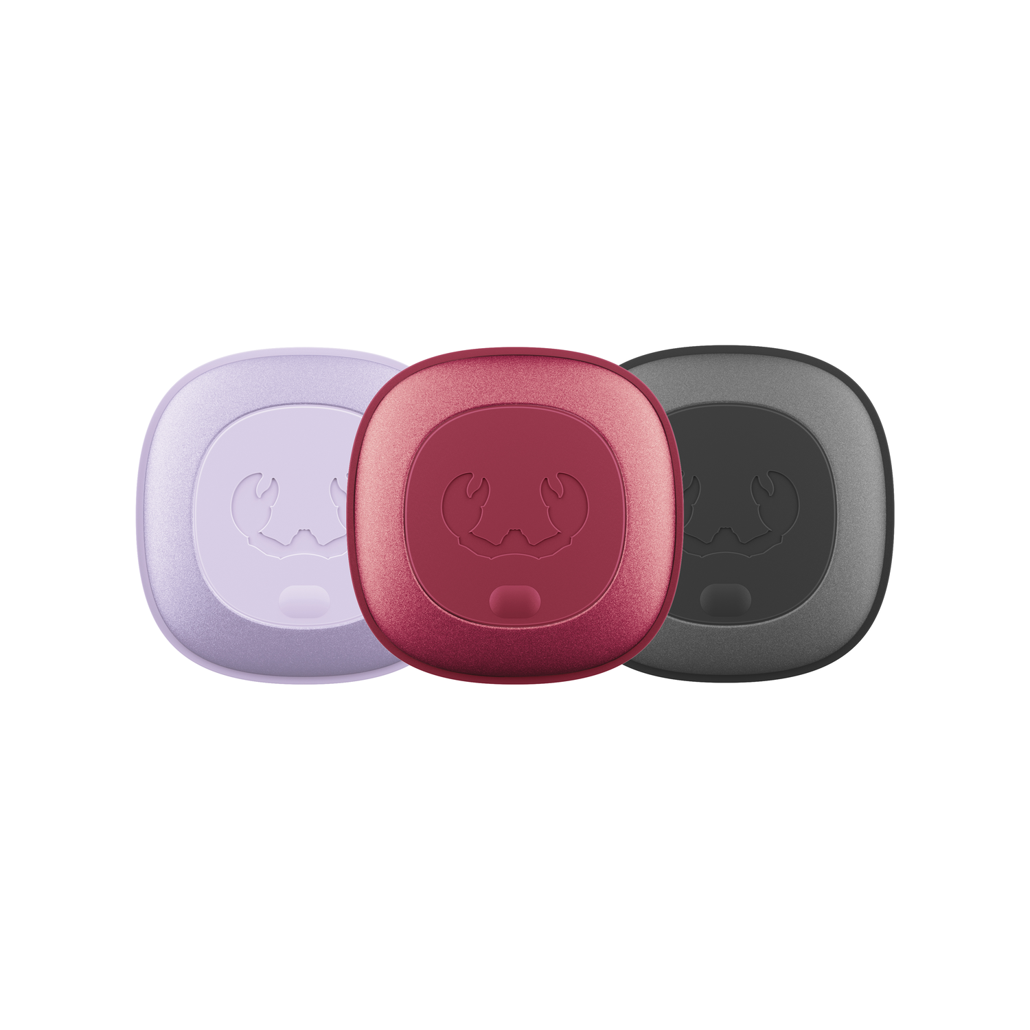Drie vierkante apparaten in lila, rood en grijs, met een ontwerp op elk.