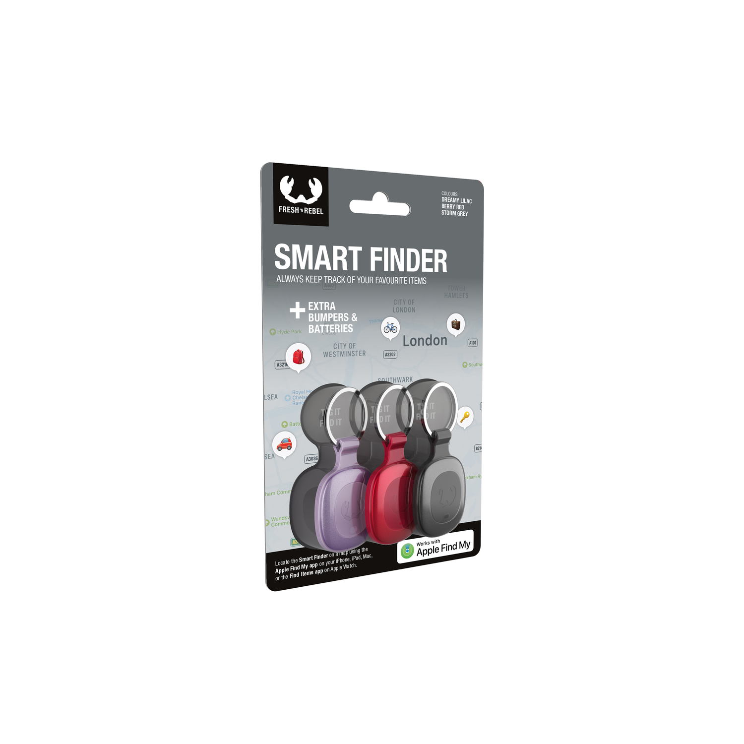 Een Smart Finder-verpakking met vier trackers. Ze zijn zwart, paars, rood en grijs. De verpakking bevat logo's en tekst.