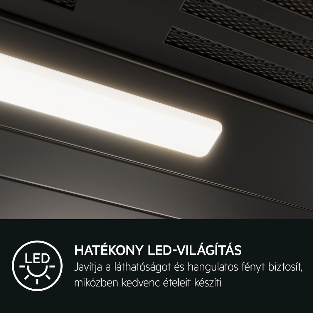 Fekete panel fehér fénnyel. Szöveg: "HATEKONY LED-VILÁGÍTÁS".