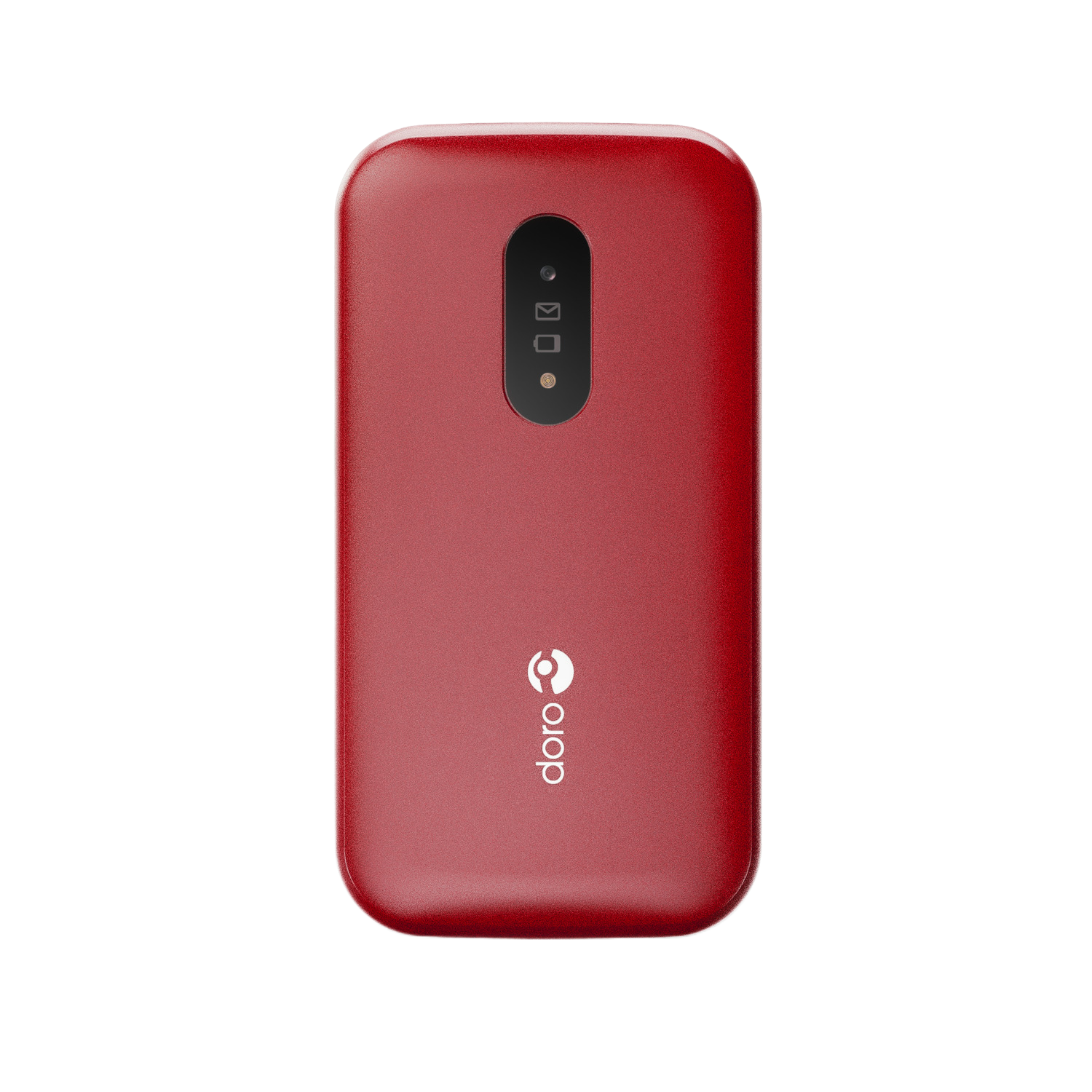 Un téléphone Doro rouge avec quelques icônes et le logo Doro au dos.