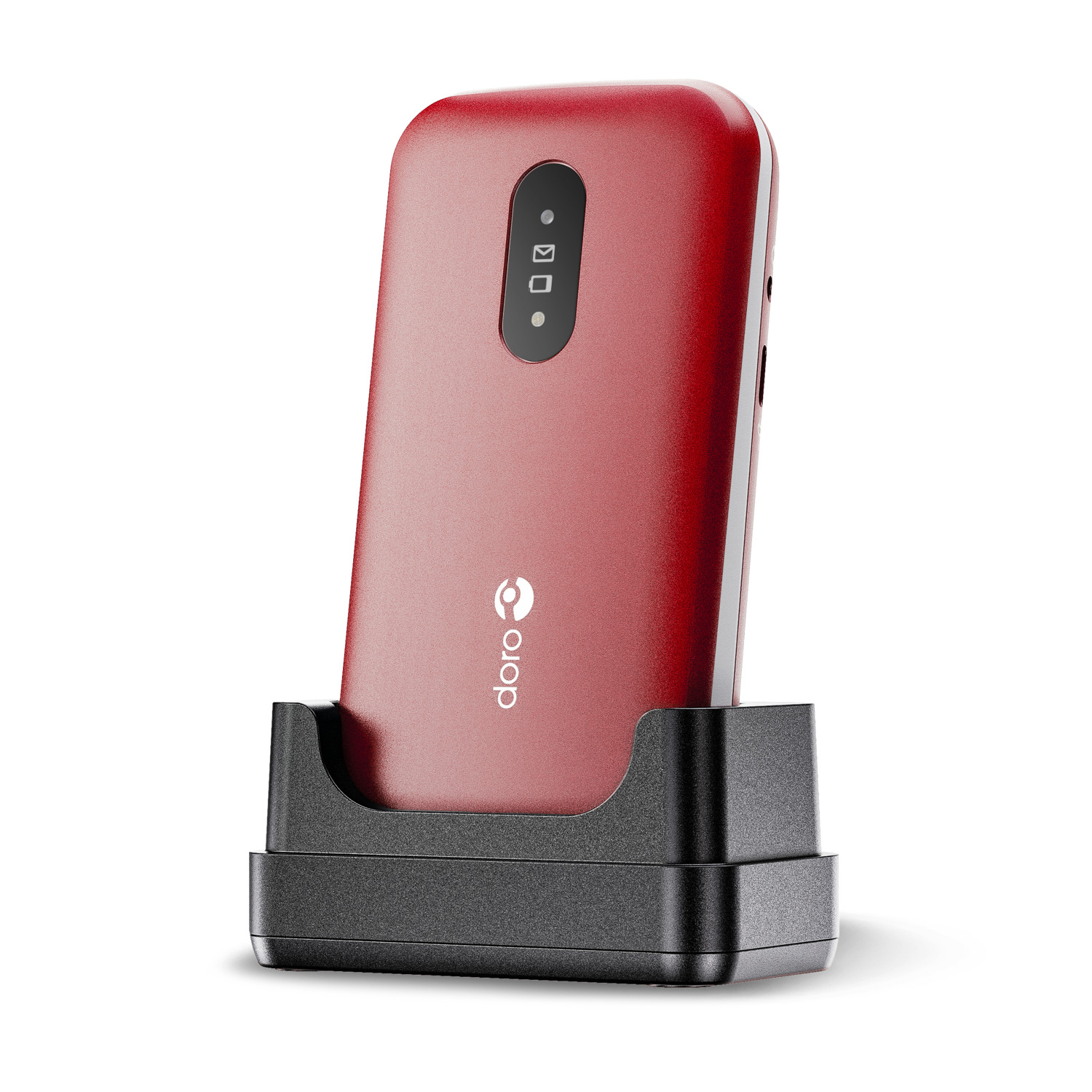 Téléphone rouge avec socle de chargement noir, design moderne et interface simple.