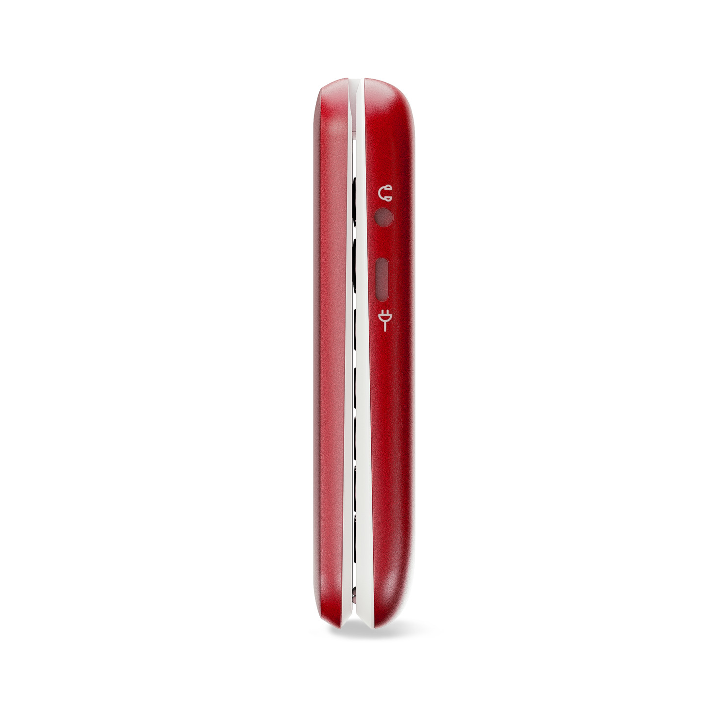 Un téléphone à clapet rouge vu de côté.