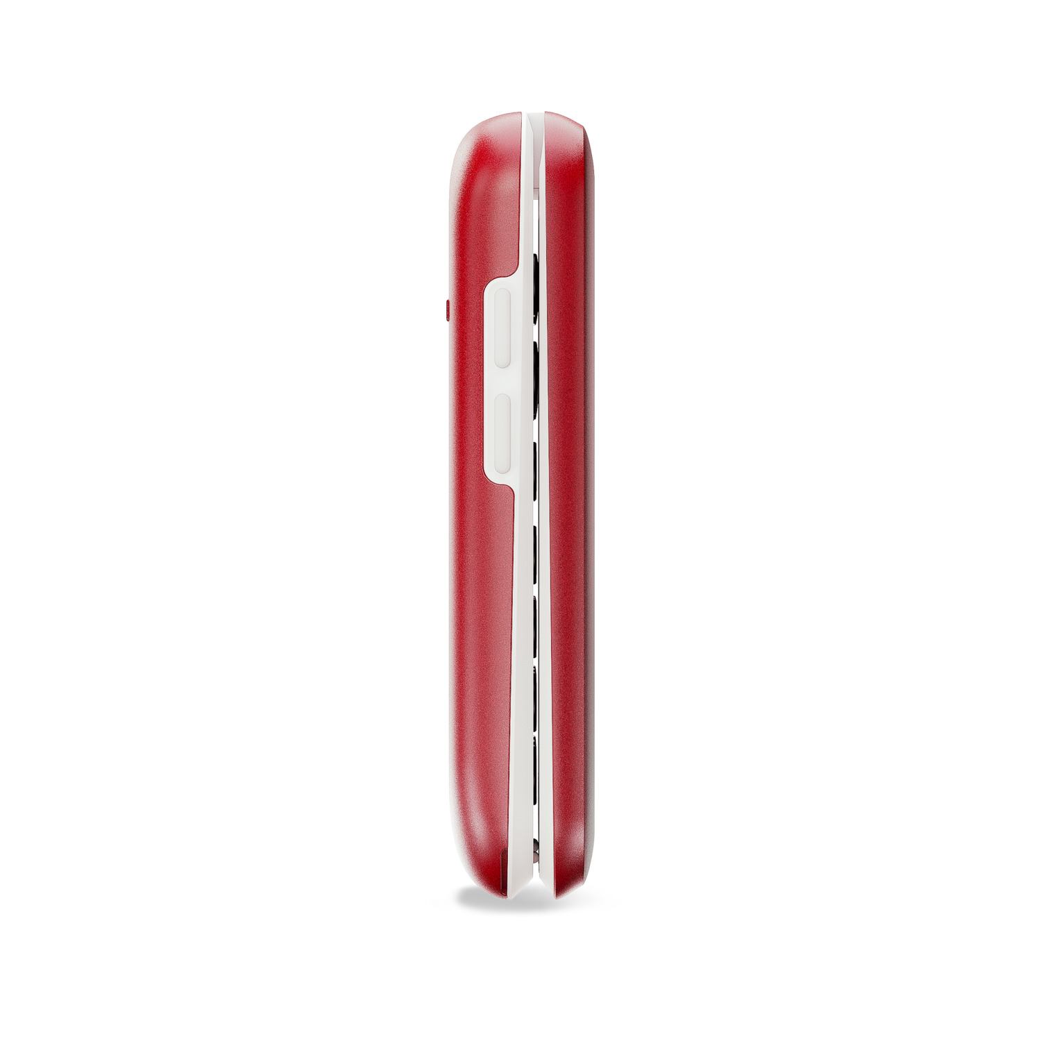 Téléphone à clapet rouge, vue latérale. Garniture blanche. Fond blanc.
