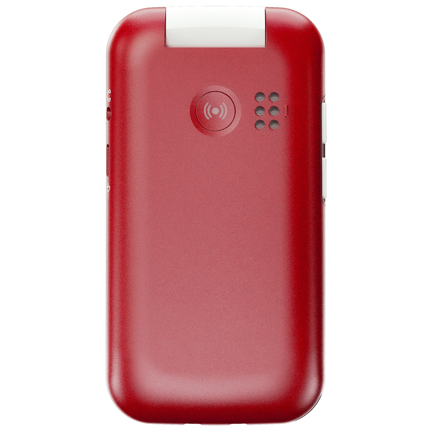 Téléphone rouge, vue arrière. Contient une caméra et des trous de haut-parleur. Charnière blanche.