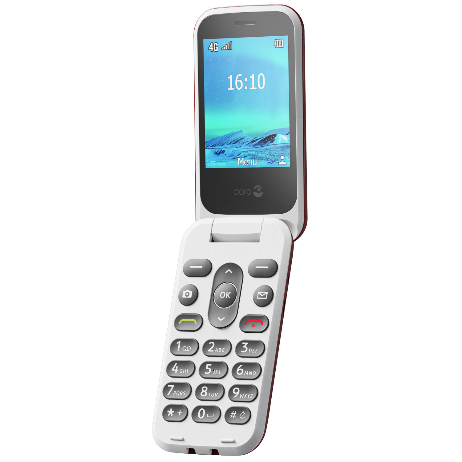 Téléphone à clapet blanc et rouge, écran affichant l'heure. Fond blanc.