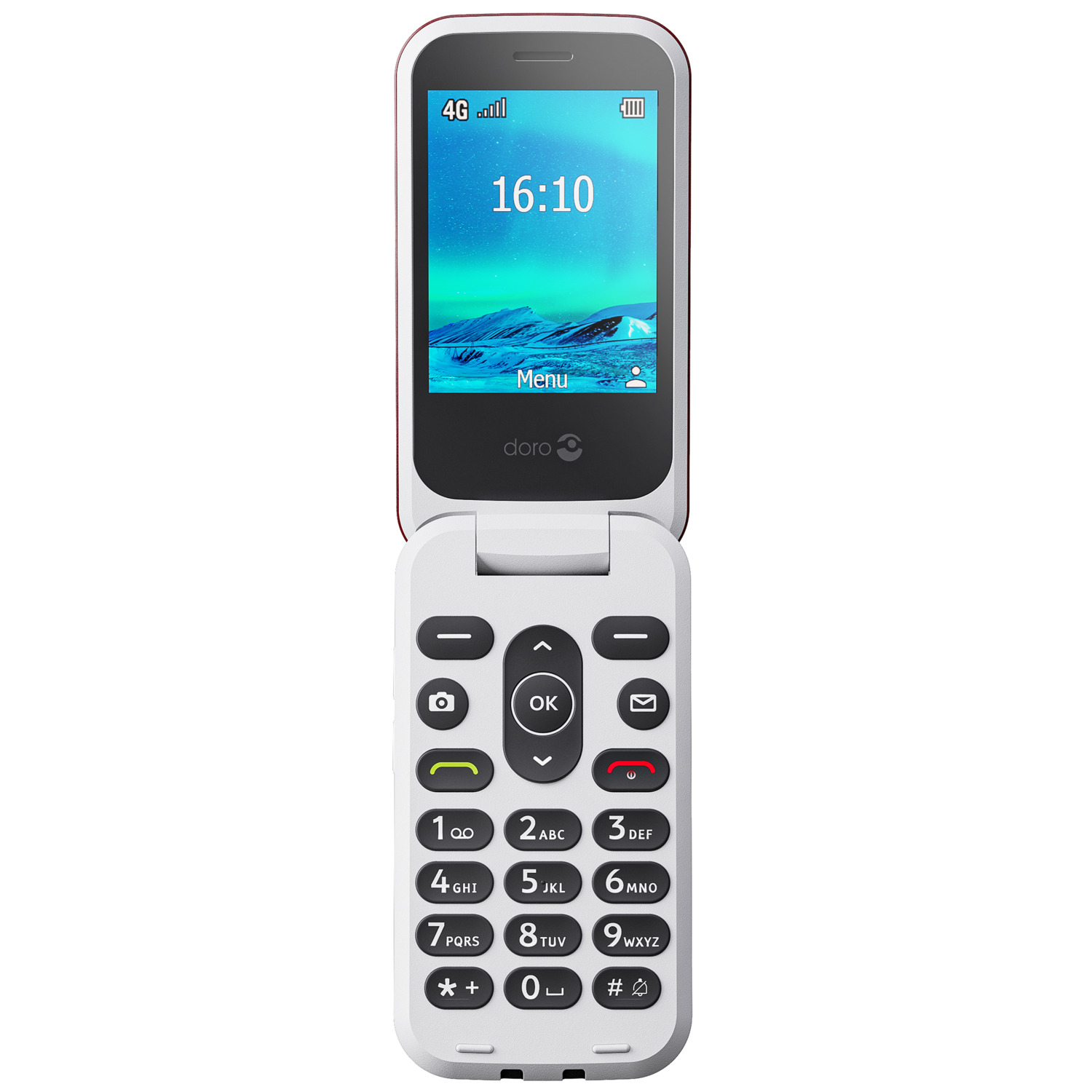 Téléphone à clapet blanc, ouvert, affichant un écran avec heure et icônes. Clavier numérique.