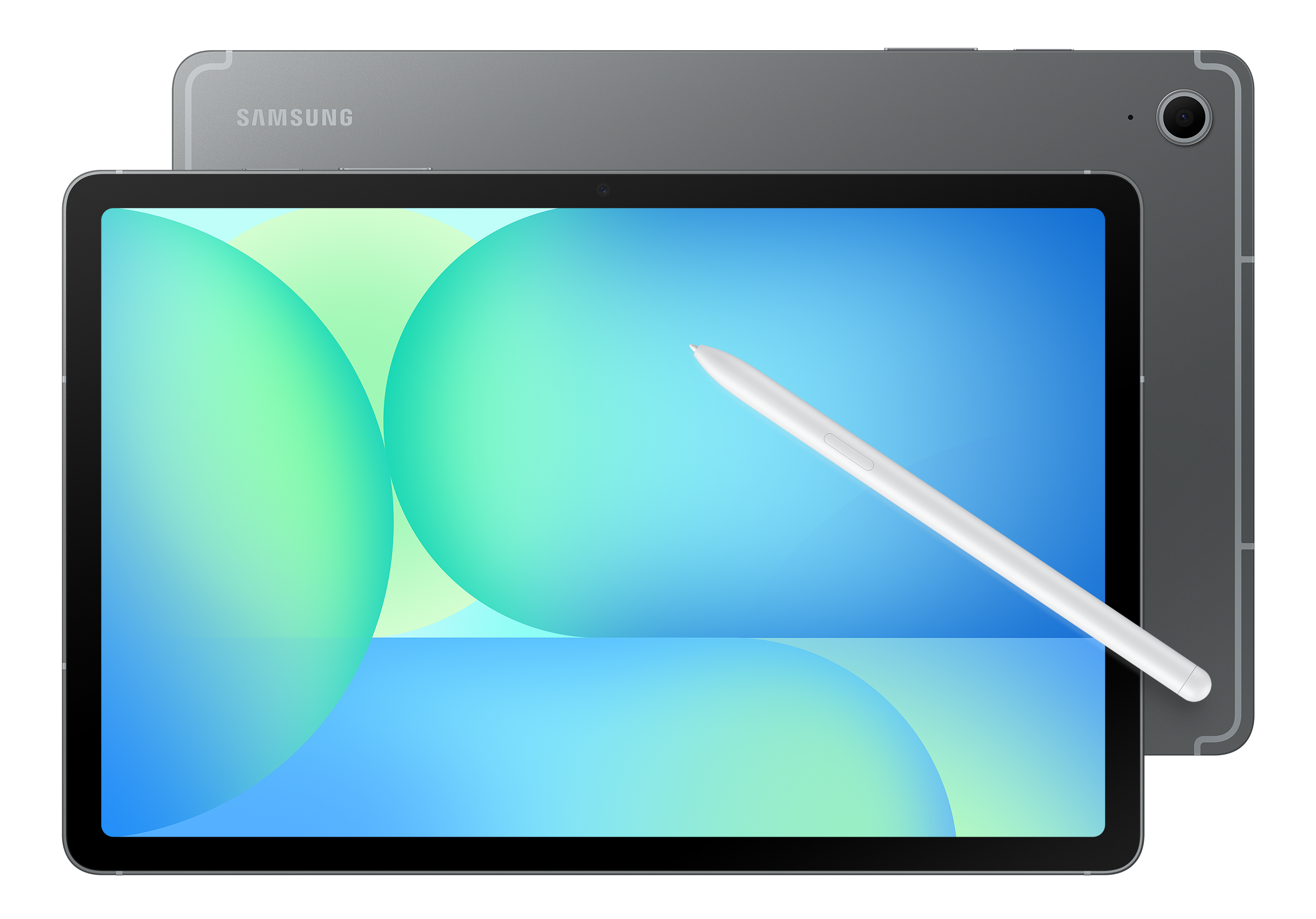 Tablet Samsung z niebiesko-zielonym abstrakcyjnym tłem, białym rysikiem i drugim tabletem z tyłu.