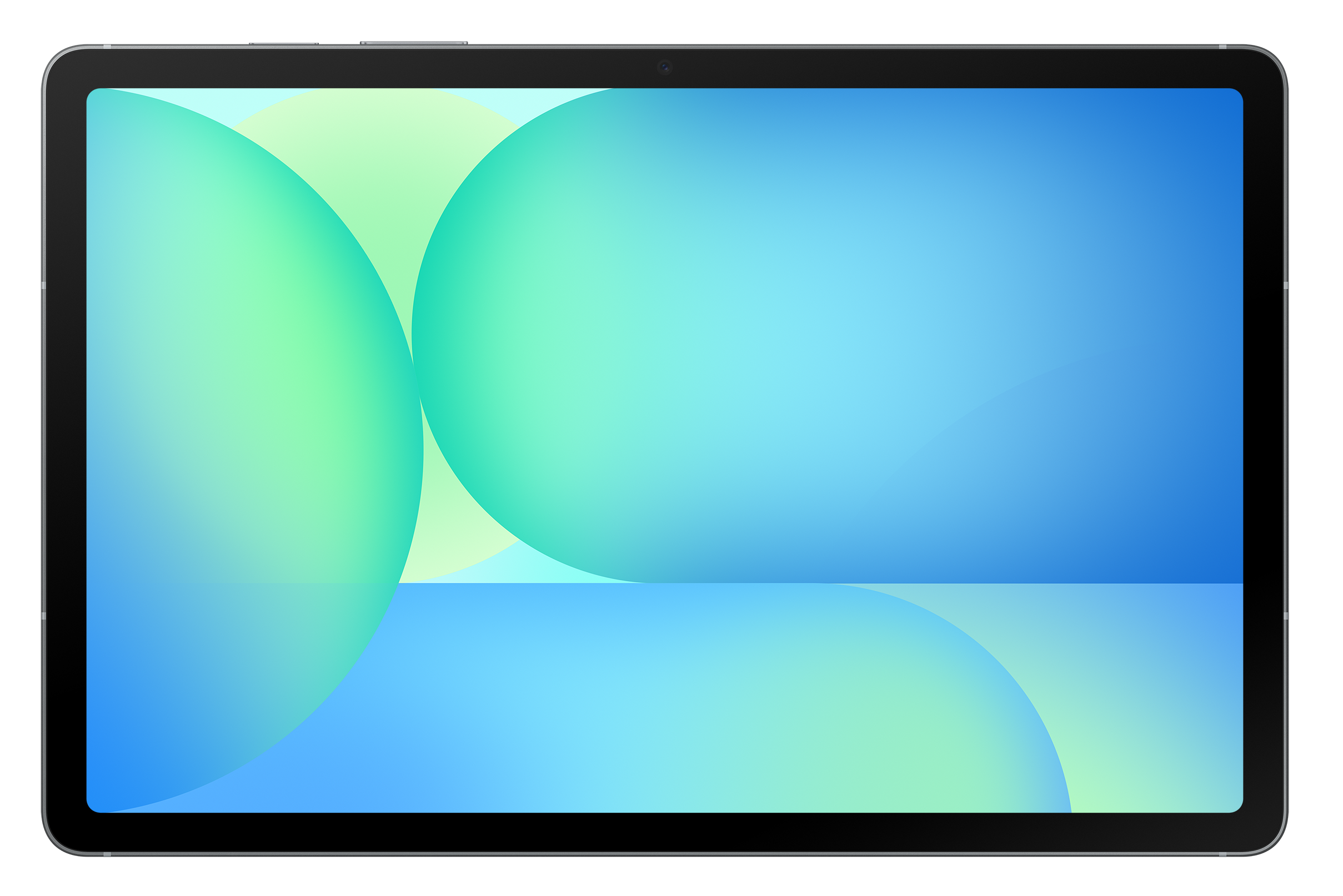 Tablet z niebiesko-zielonym abstrakcyjnym tłem na ekranie.