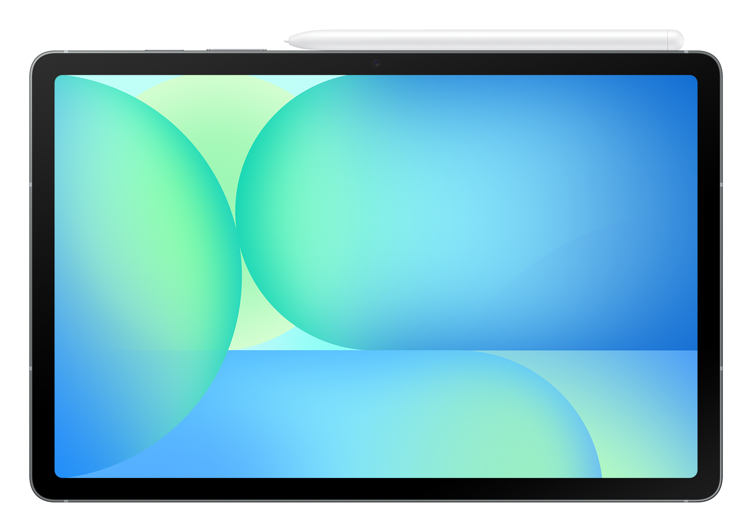 Tablet z jasną ramką i niebiesko-zielonym abstrakcyjnym ekranem.