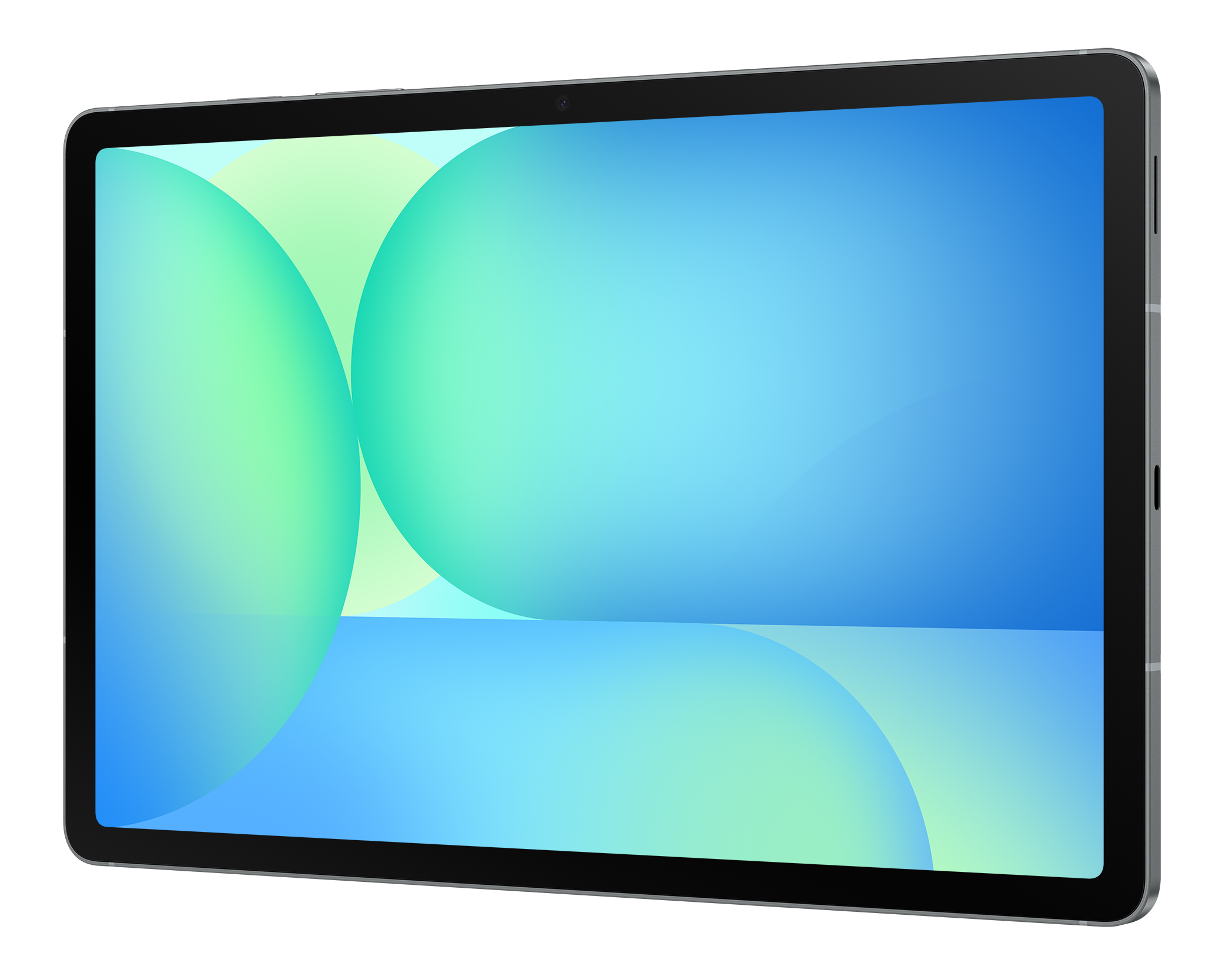 Tablet z czarną ramką i ekranem wyświetlającym niebieskie i zielone abstrakcyjne kształty.