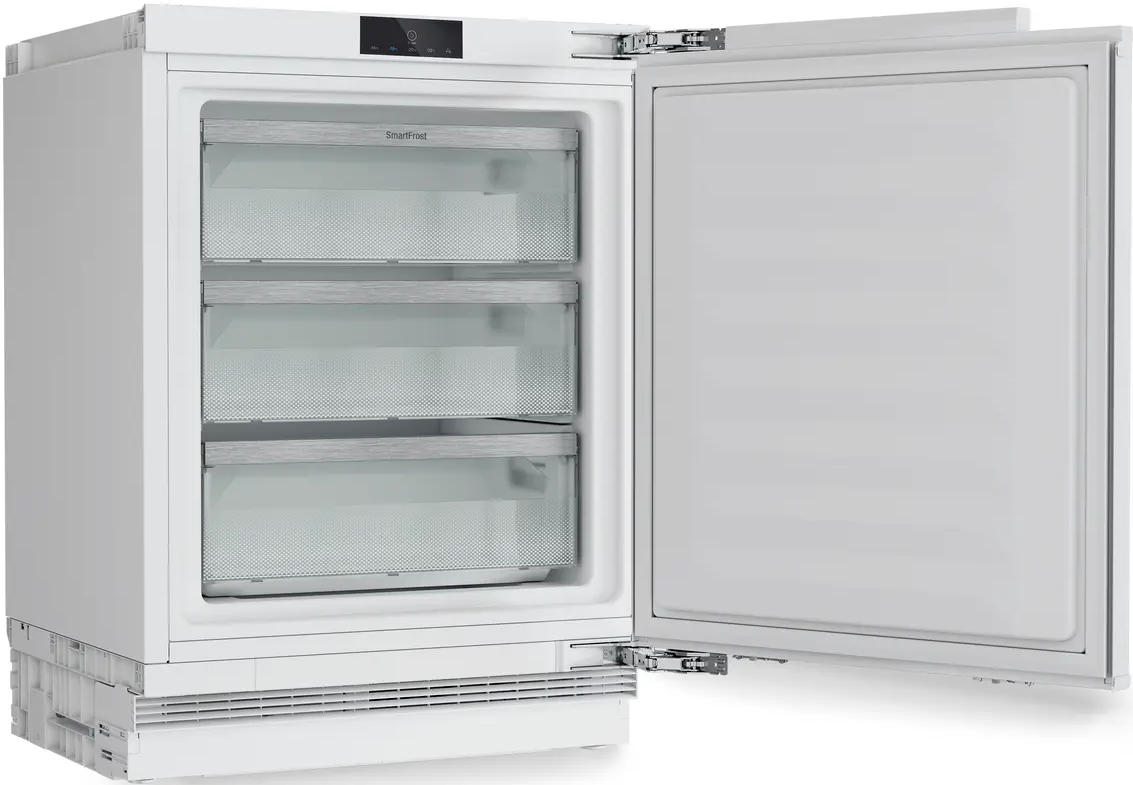 Weißer Gefrierschrank mit offener Tür, zeigt drei transparente Schubladen, Innenraum beleuchtet, minimalistisches Design.