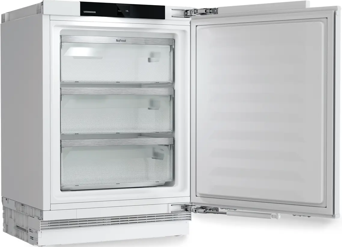 Weißer Gefrierschrank mit offener Tür, zeigt drei transparente Schubladen, Innenraum beleuchtet, mit 'No Frost'.
