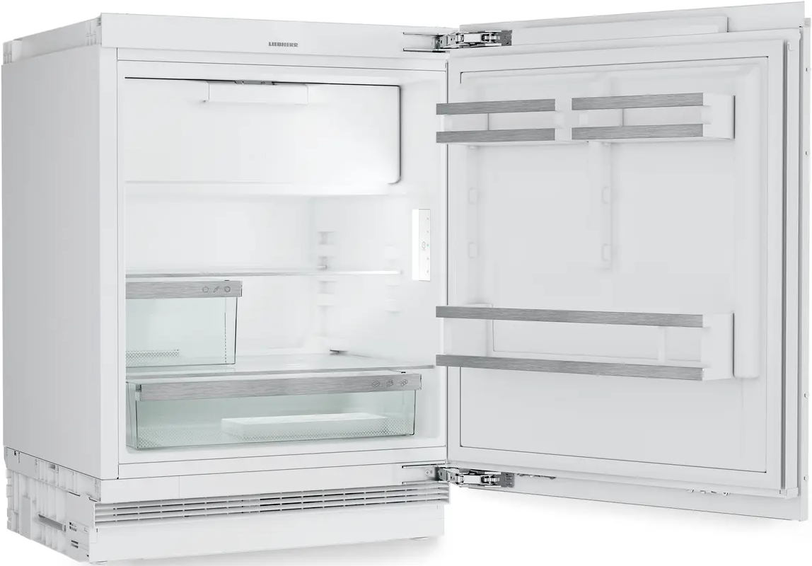 Weißer Kühlschrank mit offener Tür, Regalen, Schubladen und Liebherr-Logo.