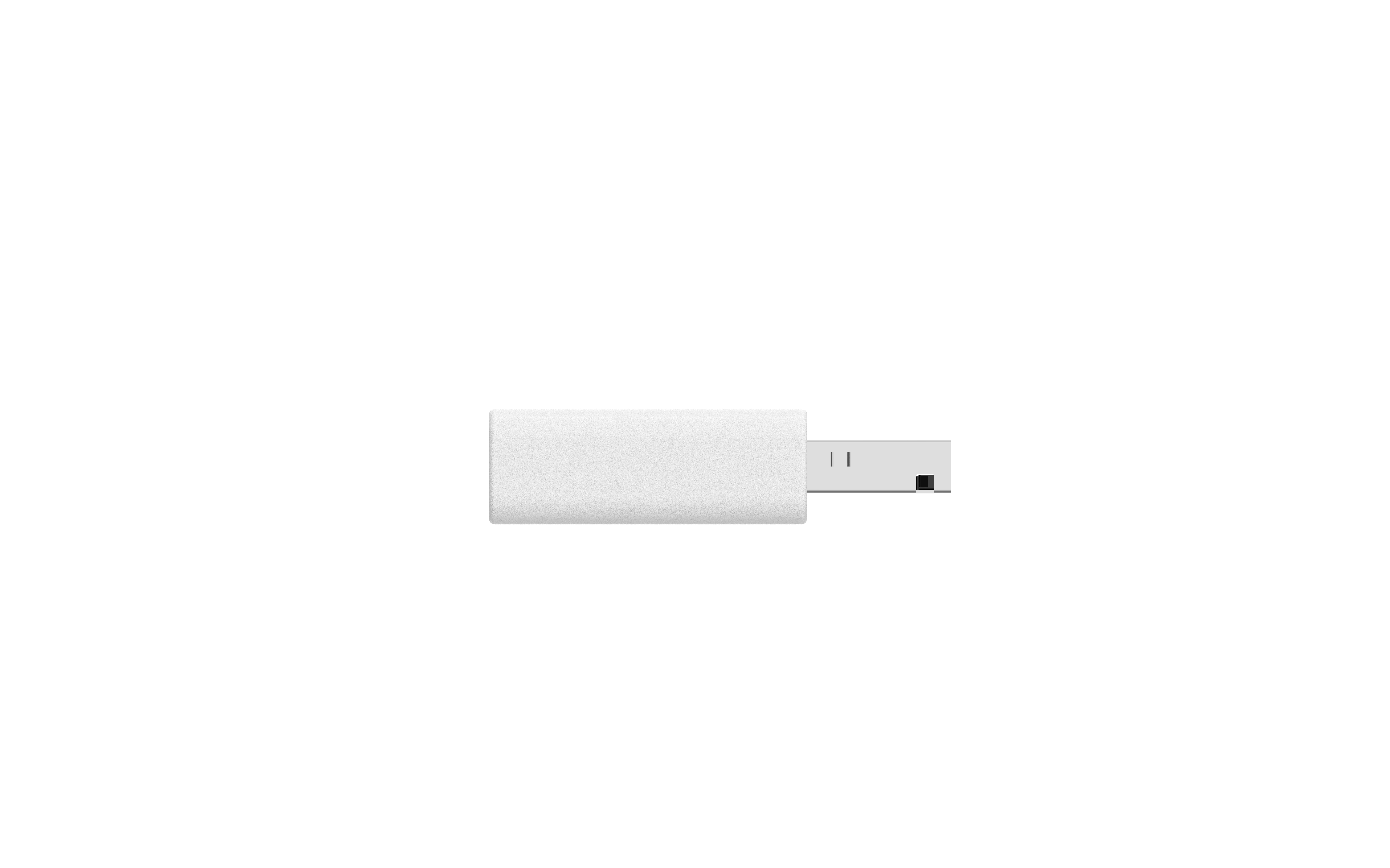Ein weißer USB-C-Adapter auf weißem Hintergrund. Er hat eine rechteckige Form mit einem einzelnen Anschluss.