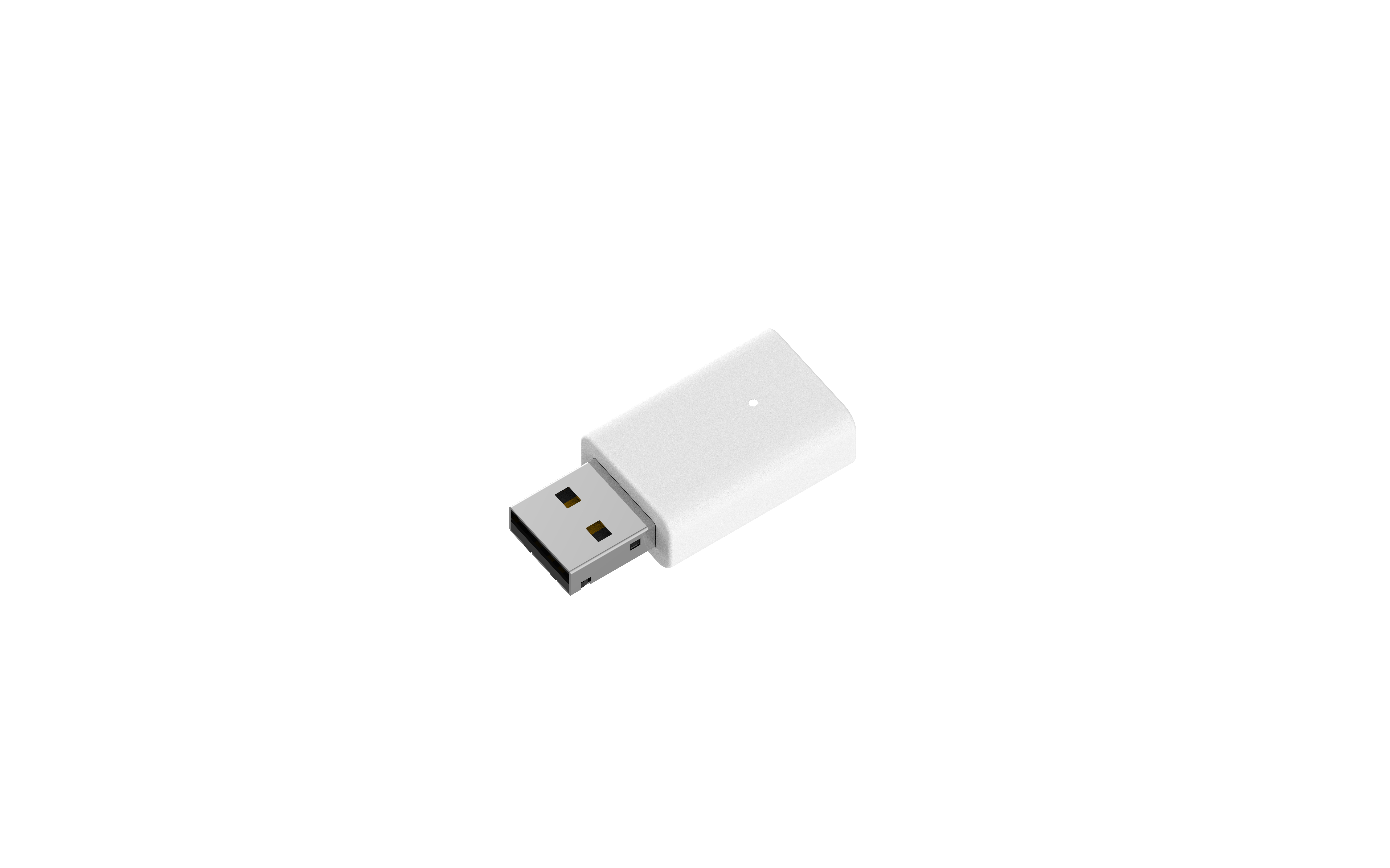 Ein weißer USB-Adapter auf weißem Hintergrund. Es ist rechteckig.