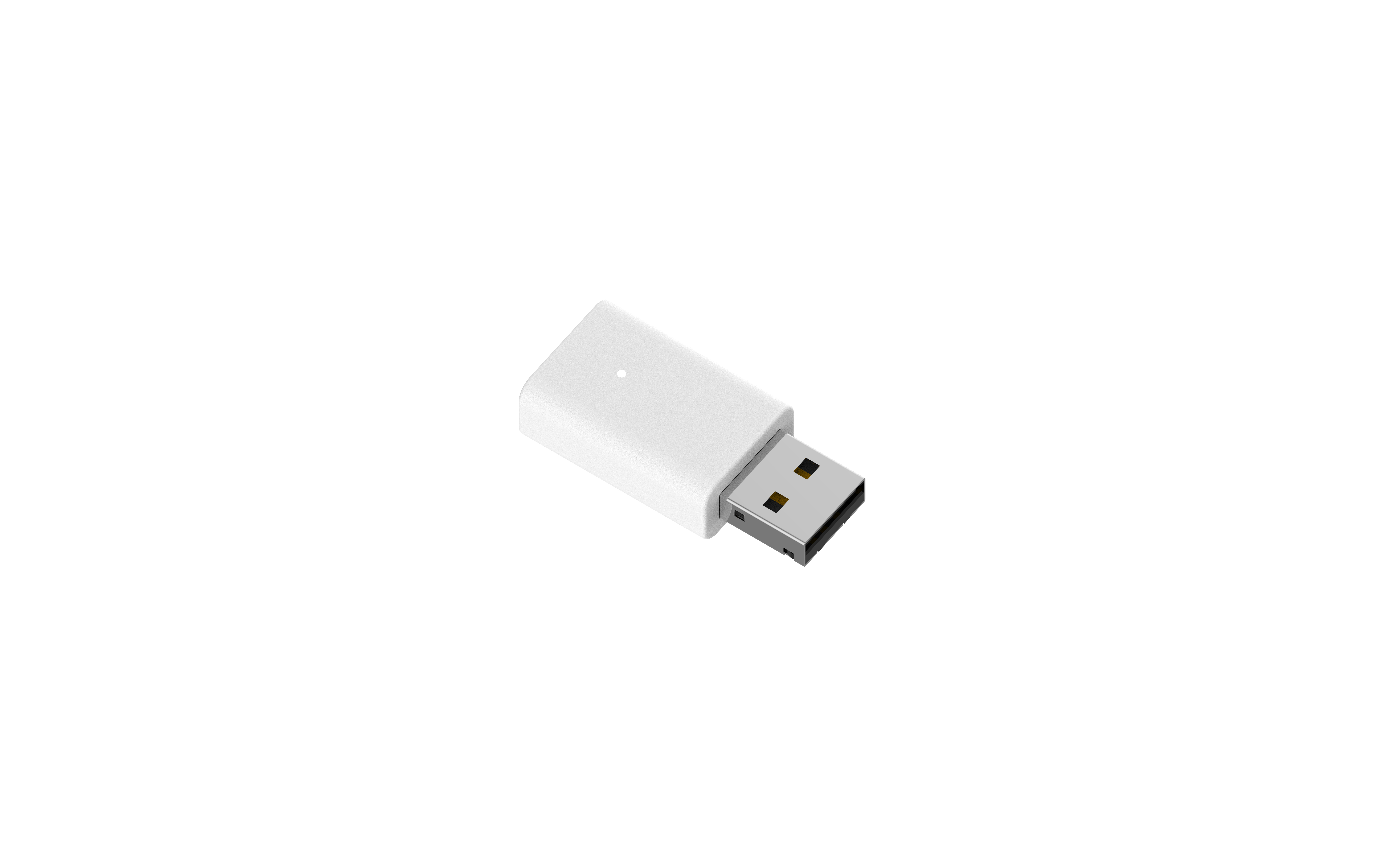 Weißer USB-Dongle mit USB-Anschluss auf weißem Hintergrund.