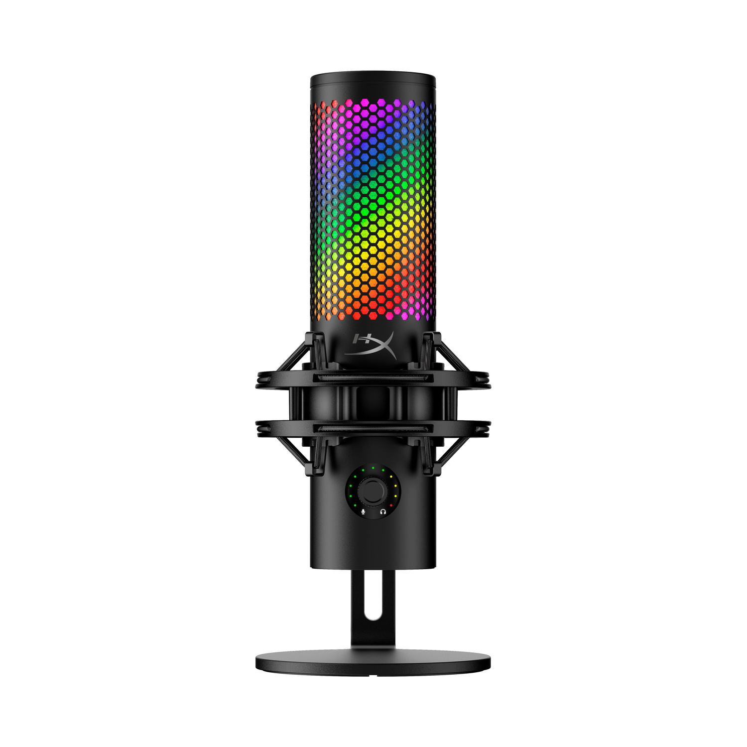 Een zwarte microfoon met een kleurrijk oplichtend gaas en een standaard. De achtergrond is wit.