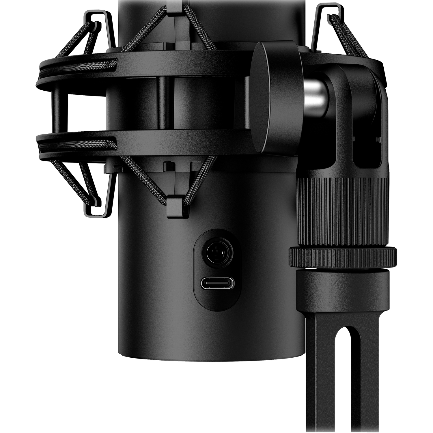 Close-up van een zwarte microfoon met een standaard.