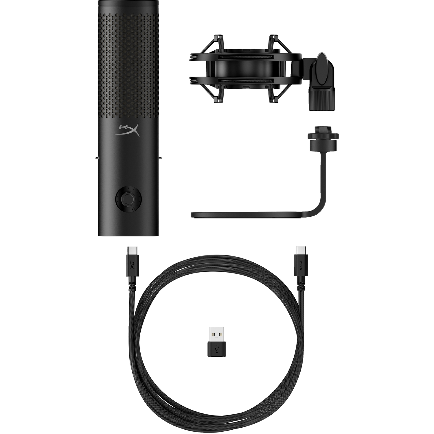 Zwarte microfoon, standaard, shock mount en kabels op een witte achtergrond.