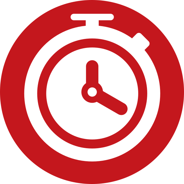 Ein rotes Stoppuhrsymbol in einem roten Kreis, das Zeitmessung anzeigt.