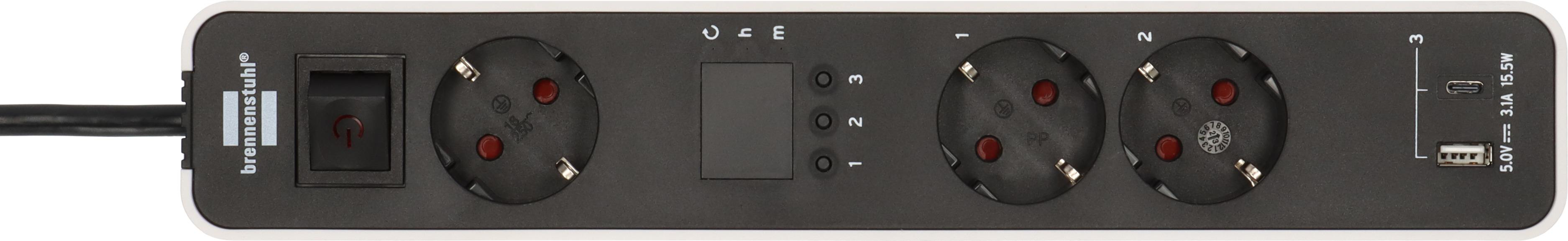 Steckdosenleiste, Draufsicht. Hat Netzschalter, Steckdosen, ein Display und USB-Anschlüsse.