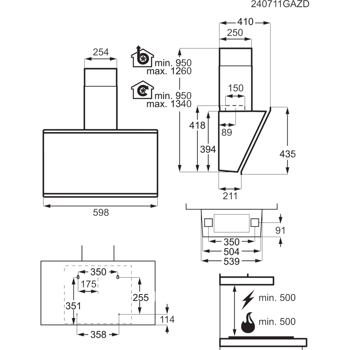 Egy diagram a páraelszívó méreteiről.