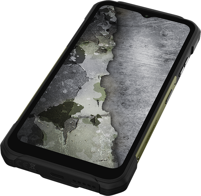 Robusztus fekete telefon repedt képernyővel, zöld kerettel, fekete háttéren.
