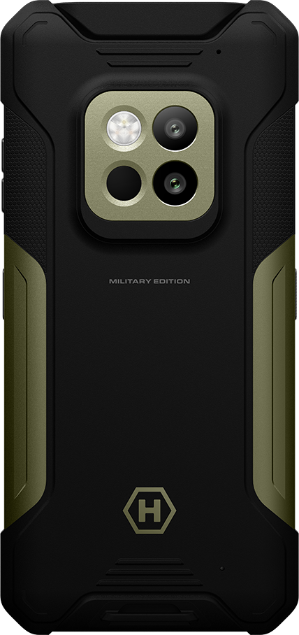 Fekete telefon robusztus dizájnnal és olívzöld díszítéssel. Van rajta egy Military Edition felirat.