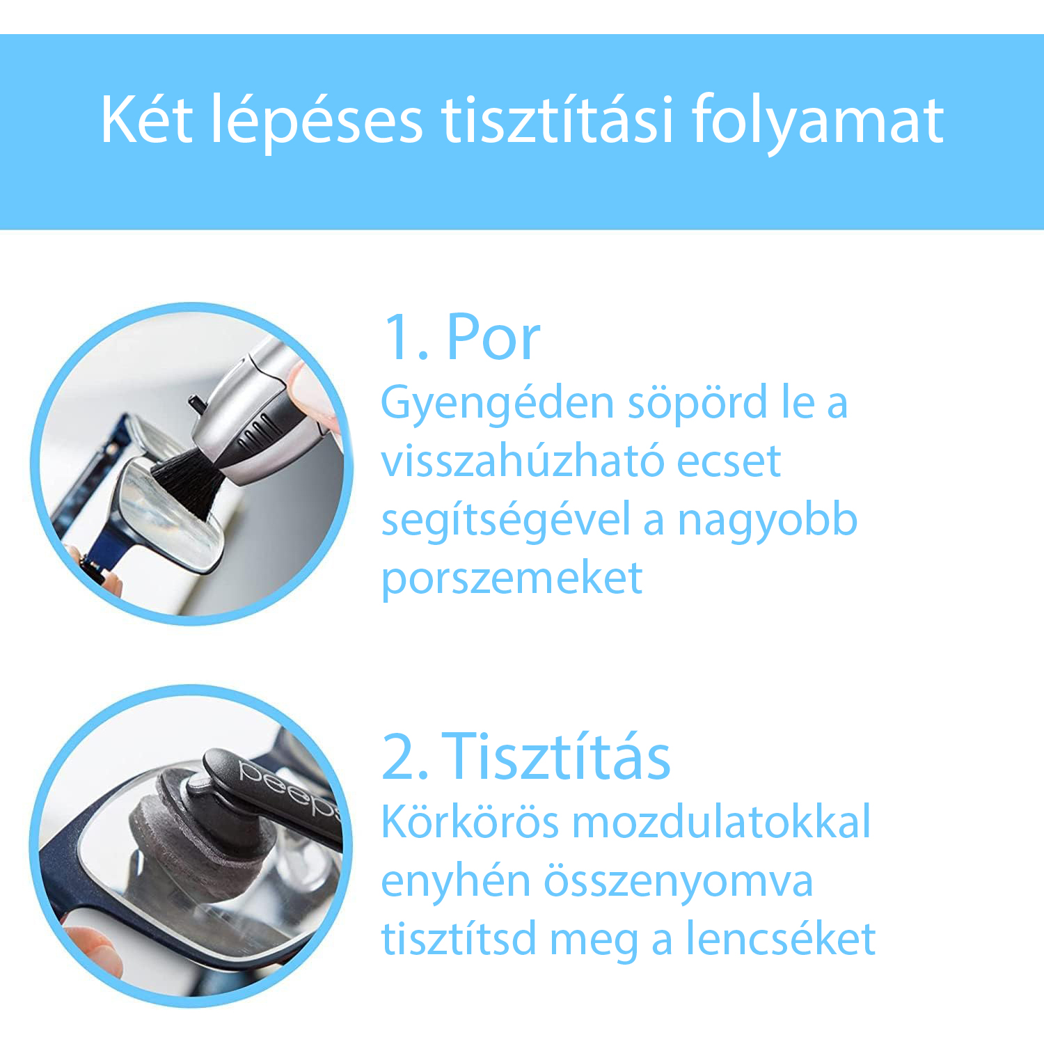 A képen egy képlépéses tisztítási folyamat látható szemüvegekhez. 1. lépés: Portalanítás kefével. 2. lépés: A lencse tisztítása körkörös mozdulatokkal.