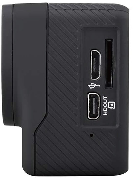 Fekete kamera, oldalnézetben HDMI és USB portok láthatók.