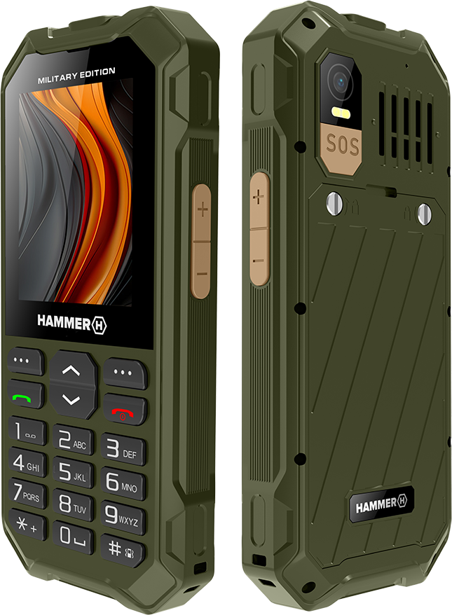 Zöld katonai stílusú mobiltelefon gombokkal és kijelzővel, elölnézet és oldalsó nézet.
