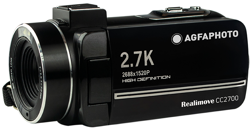 Fekete videokamera. '2.7K' és 'Realimove CC2700' felirat.