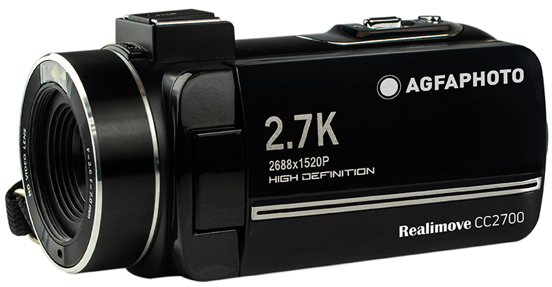 Fekete videokamera AgfaPhoto logóval és 2.7K felbontási részletekkel.