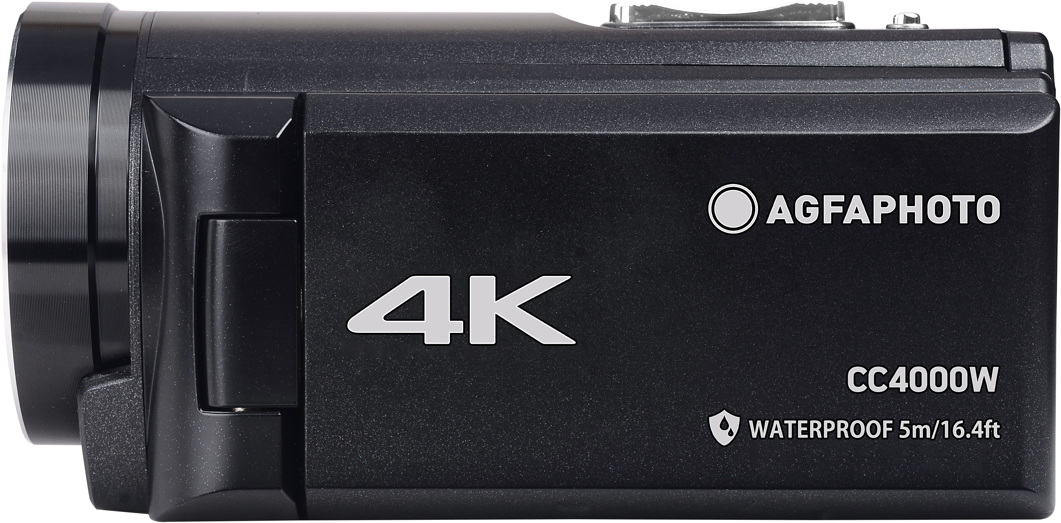 Egy fekete AgfaPhoto 4K kamera. Van rajta lencse, a logó, 4K, CC4000W, és vízálló 5m/16.4ft az oldalán.