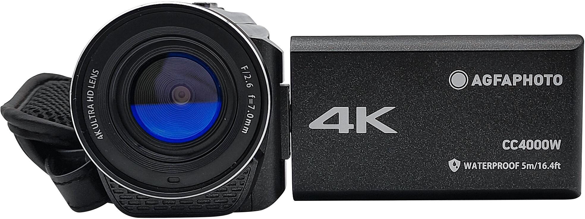Egy fekete kamera objektívvel, és egy fekete modul fehér szöveggel. '4K', 'AGFAPHOTO' és 'WATERPROOF' olvasható.