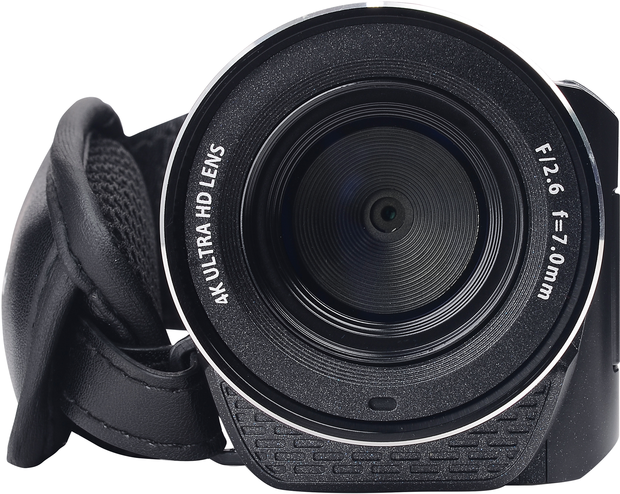 Egy fekete kamerobjektív közeli képe fehér felirattal. Az objektív 4K Ultra HD Lens és F1.2.6 f=7.0mm felirattal van ellátva.