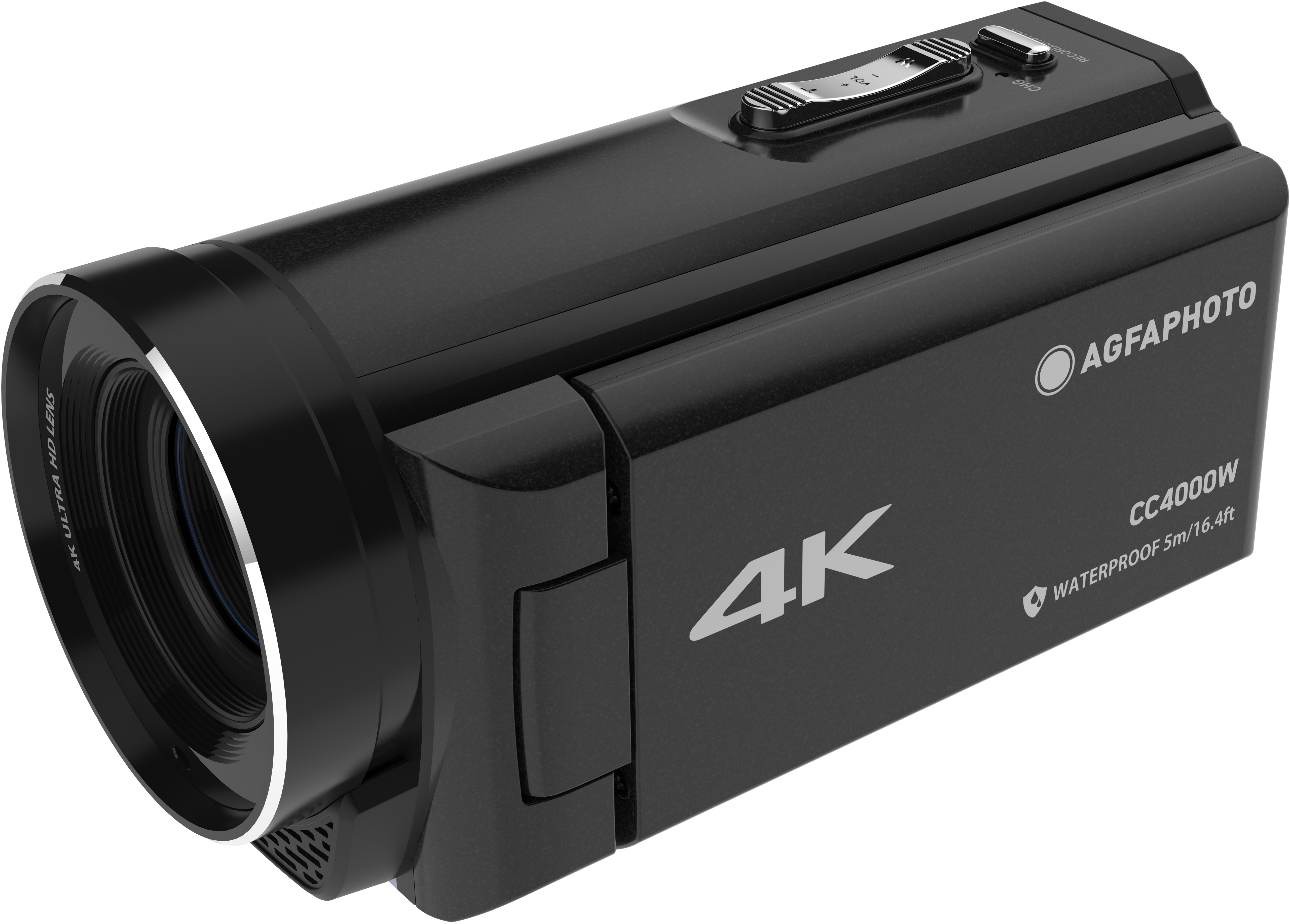Egy fekete 4K videokamera látható. Van rajta lencse, gombok és az AgfaPhoto logója. A kamera vízálló.