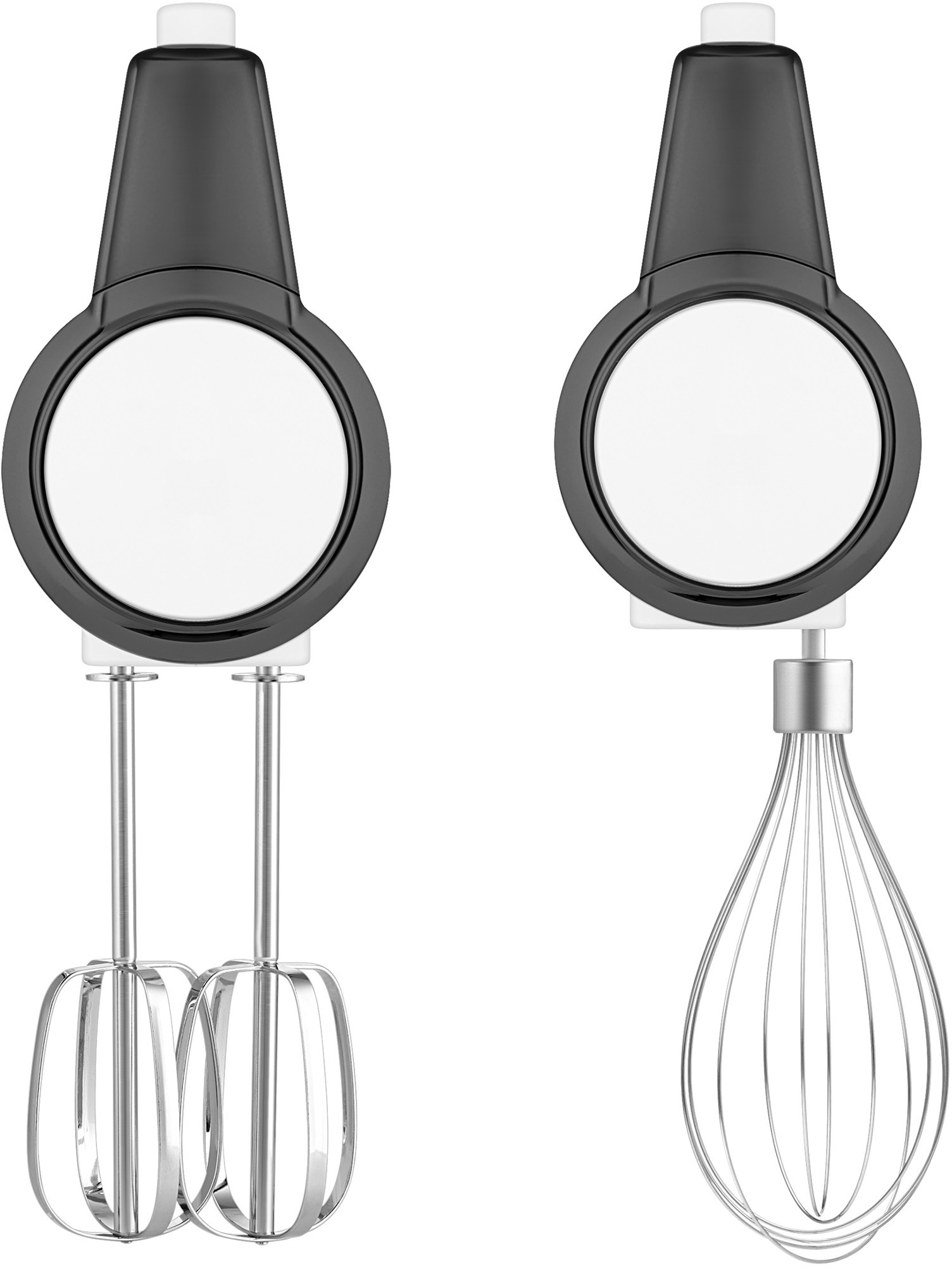 Kézi mixer habverővel és habverő feltéttel, fekete-fehér design.