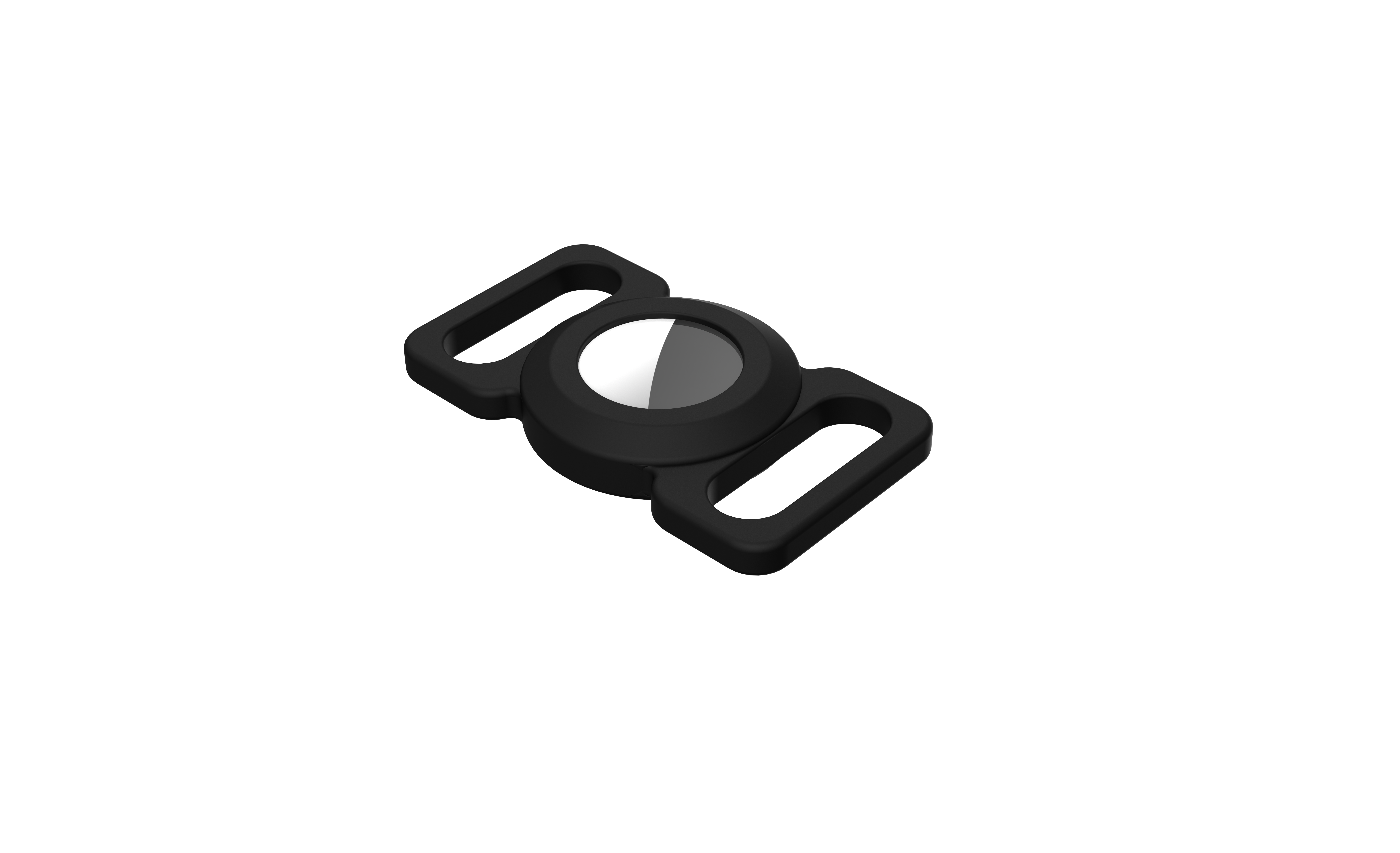 Soporte negro para AirTag. Tiene dos ranuras curvas y una etiqueta circular blanca y negra en el centro.