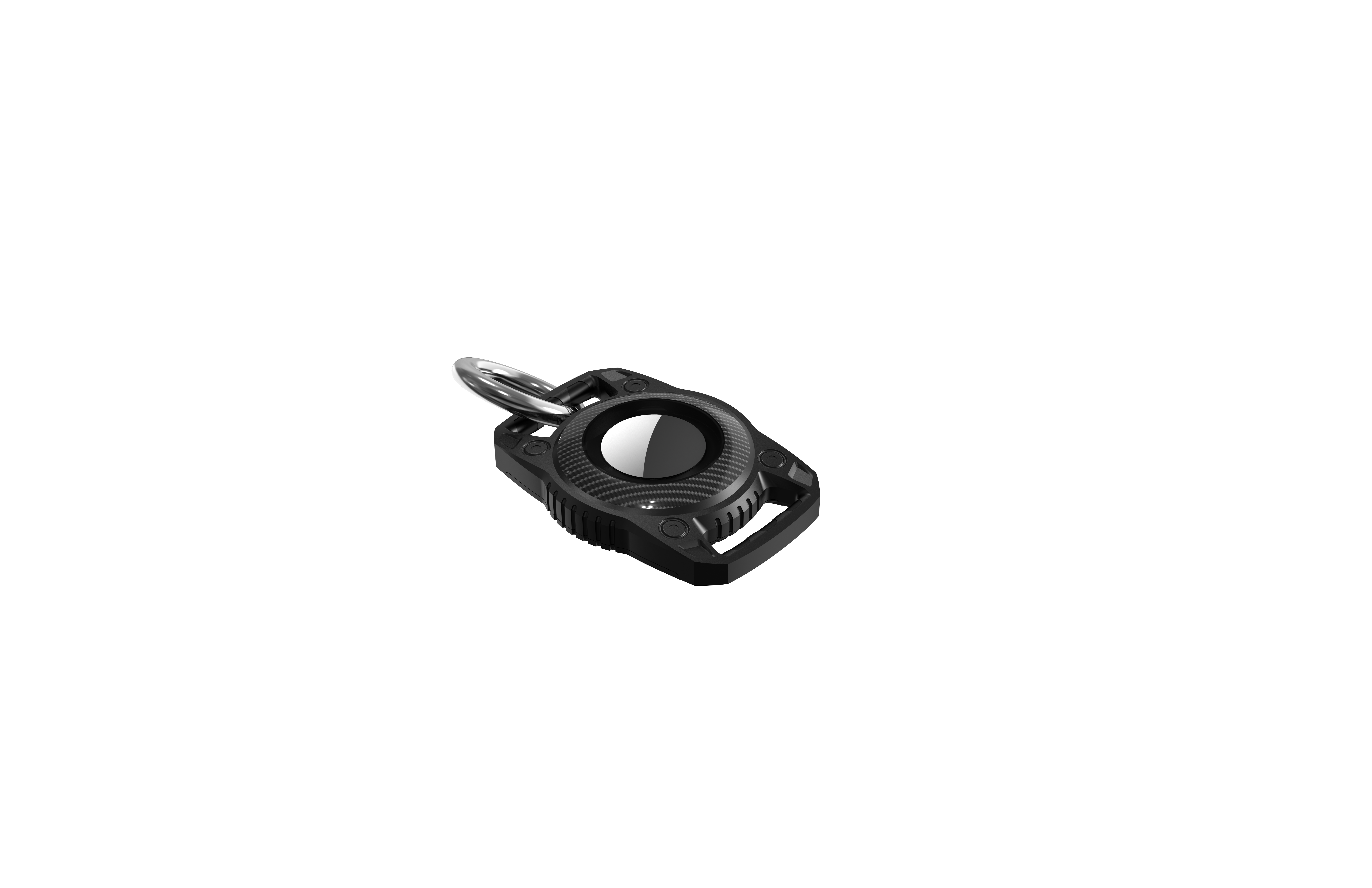 Llavero negro con un anillo plateado, sobre un fondo negro. Tiene un botón y un centro oscuro.