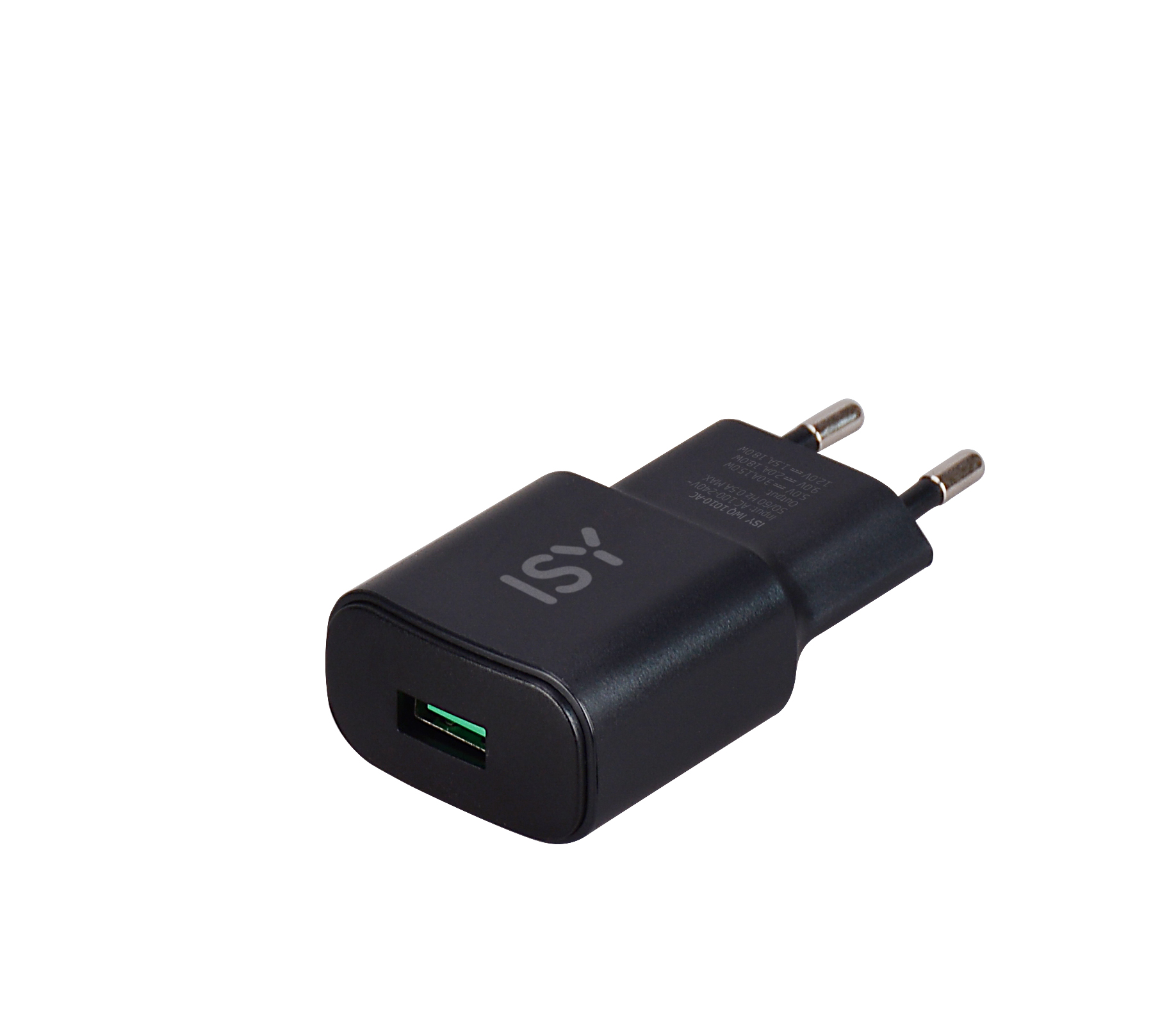 Cargador ISY negro con puerto USB. Tiene dos clavijas para enchufar a una toma de corriente.