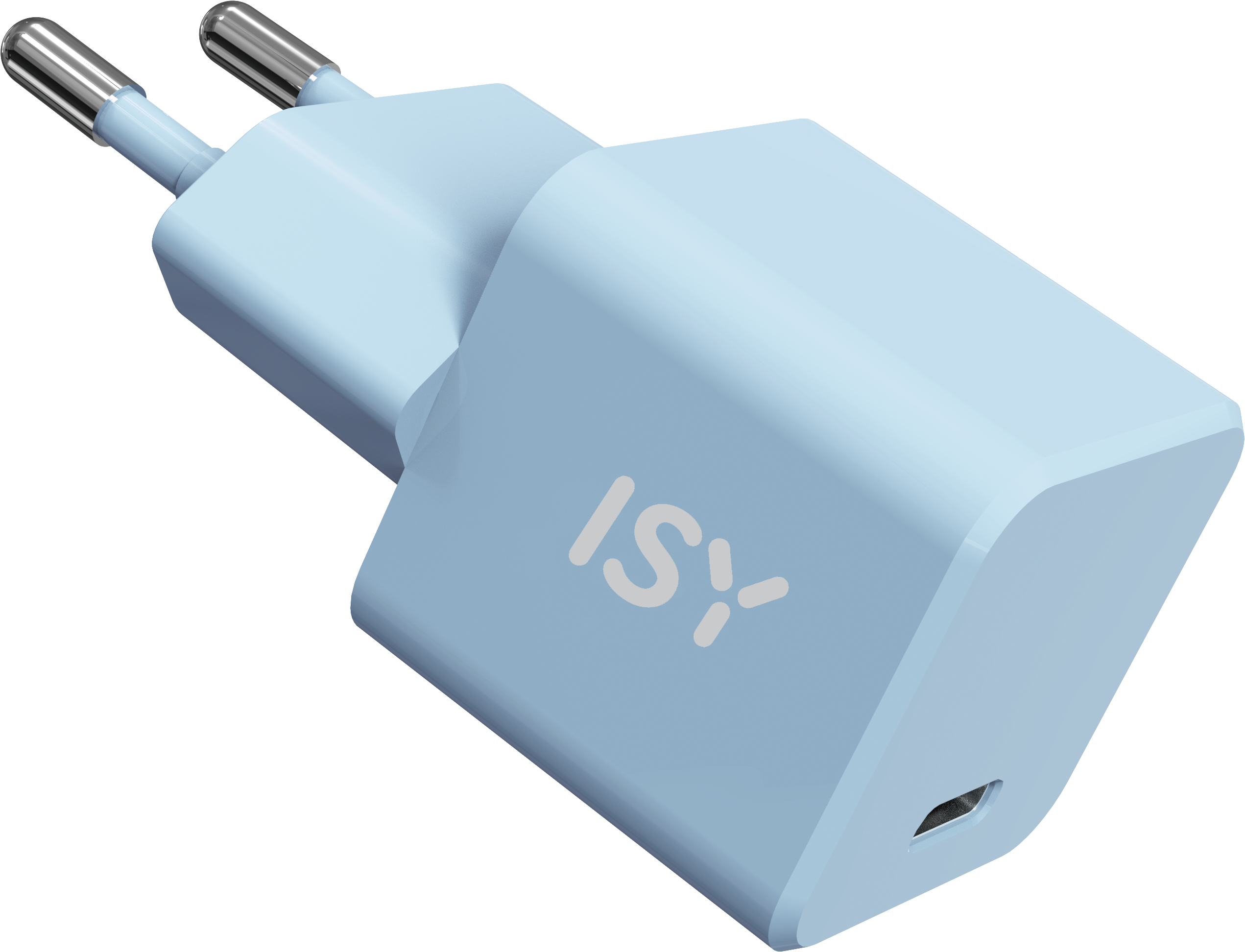 Un cargador ISY azul claro con dos clavijas. Tiene un puerto USB-C y el logotipo ISY.