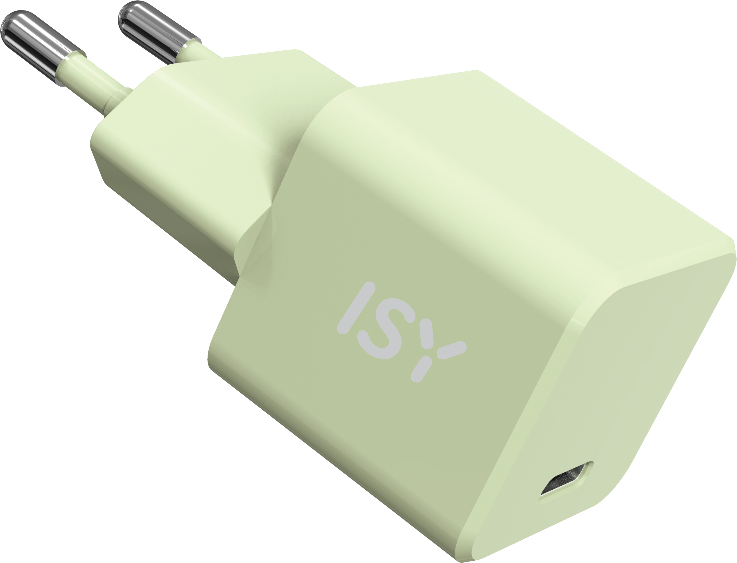 Un cargador ISY verde claro. Se ven dos clavijas de metal. Un puerto USB en la parte inferior.